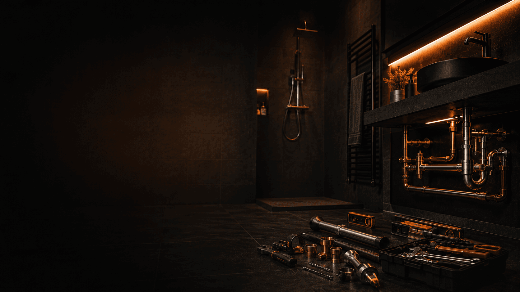 Salle de bain sombre avec plomberie apparente, outils et installations prêtes pour les travaux